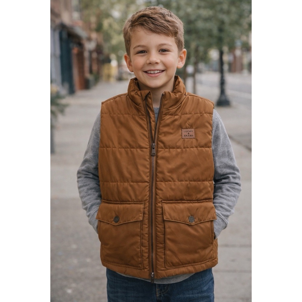 Lucky Brand Boys Kids Unisex Puffer Vest Size 6 Brown Quilted Zip Up Warm Casual